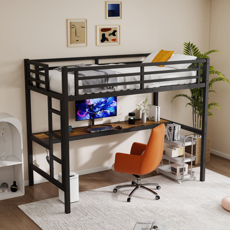 Metal Loft Bed Twin Xl Size With Desk,Power Outlet And Led Lighted