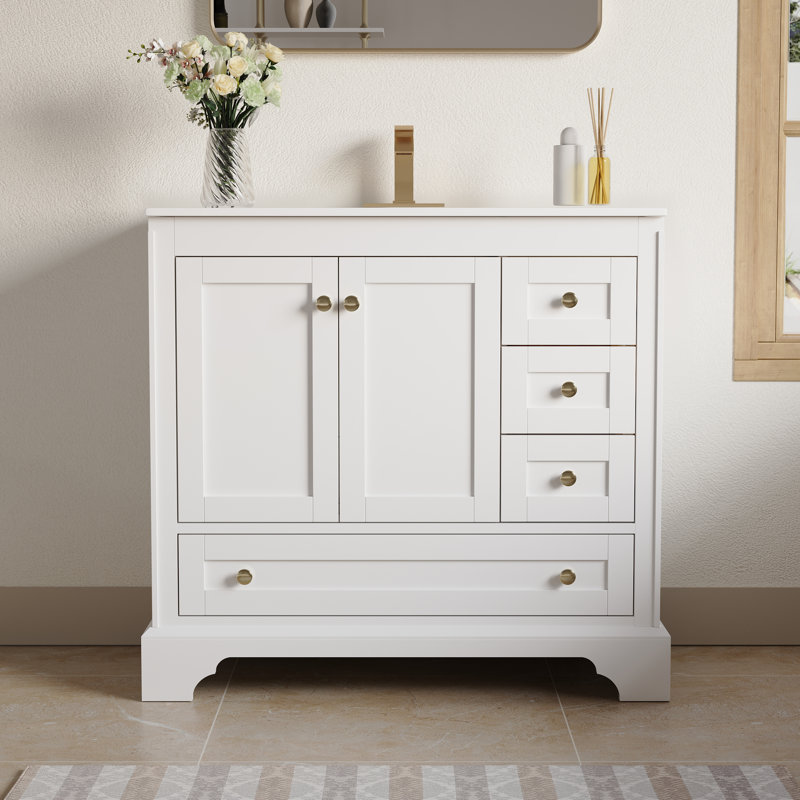 Modern 36" W X 34.1" H Bath Solid Wood Vanity, Cupc Ceramic Basin, And Gold Aluminum Handles,DTC Soft-Close Hinges, White