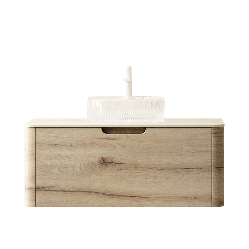 Bathroom Vanity Featuring Transparent Glass Basin With Artistic Stripes And Easy Feature, Plywood Storage In White Oak Color, Pre-Assembled, Quiet Soft Close Drawer Function Easy Maintenance,