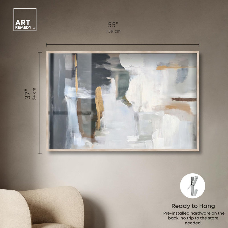 «Stratum III Shadowbox Print Abstract Decor» par Art Remedy, H 37 po x l 55 po, Crème, crème