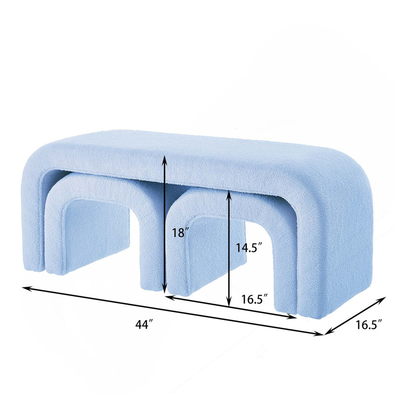 Ensemble de 3 bancs de repose-pieds en U Modern Teddy pour vestibule, chambre à coucher et salon, Bleu clair