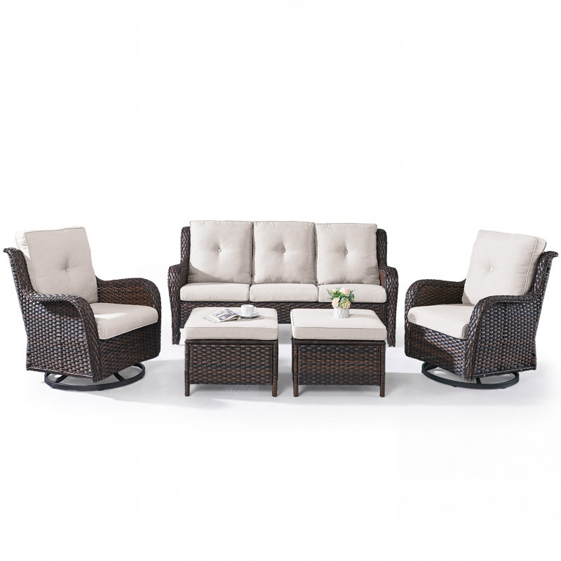 Ensemble de meubles de patio 5 pièces, meubles d'extérieur en osier avec chaises pivotantes et repose-pieds, ensembles de conversation modernes en rotin pour jardin, terrasse, porche, balcons, pelouses