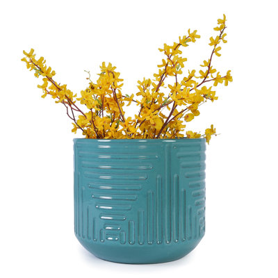 Cyan Ceramic Planter With All - Weather Resistance, Ideal For Herbs And Flowers, 14.01" Height