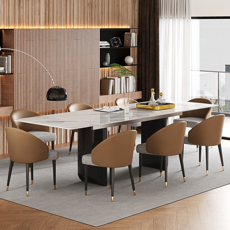 9 - Piece Dining Table Set With 63'' To 94.5'' Extendable Sintered Stone Dining Table With 8 Upholstered Fuax Leather Chairs