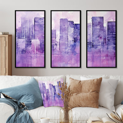 «Violet Cityscape High Rise Skycraper», ensemble d'art mural gratte-ciel