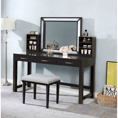 1Pc Vanity With  Stool Set Tempered Glass Top Central Mirror Storage Drawers Padded Stool Obsidian