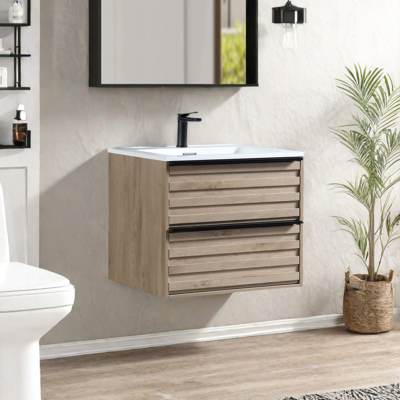 Ebern Designs Wall Mounted Floating Bathroom Vanity with Sink, 2 Extra Big Drawers, Golden Oak, 24"