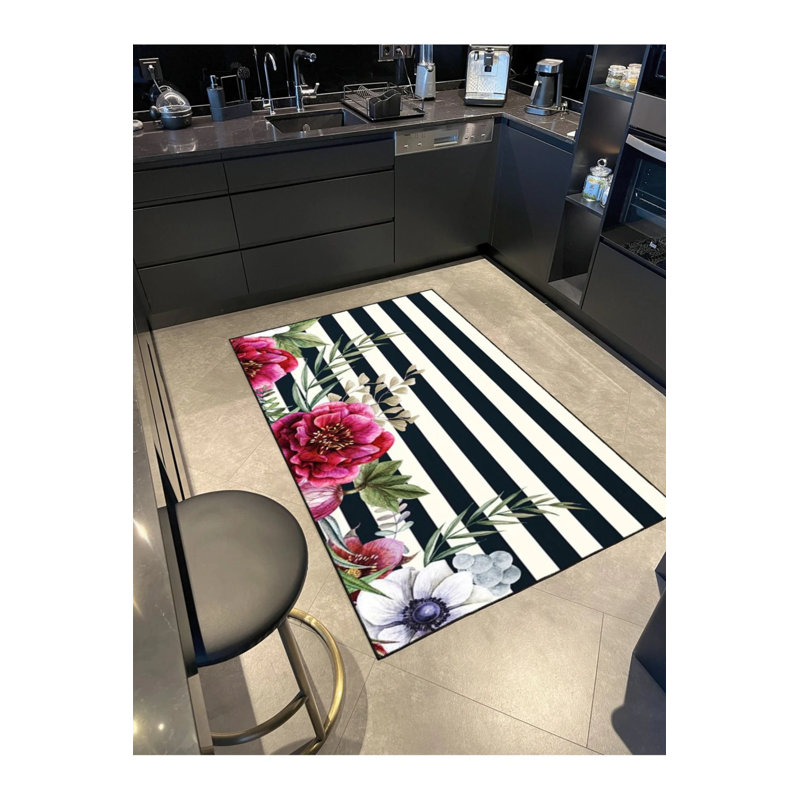 Tapis décoratif floral à rayures géométriques modernes à motif floral noir, Rectangle 2 pi 4 po x 4 pi