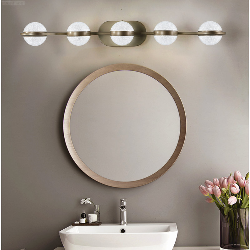 Luminaire de meuble-lavabo moderne à 5 lumières DEL avec abat-jour sable en cristal, H 4,7 po x l 35,4 po x P 6,7 po, Brass