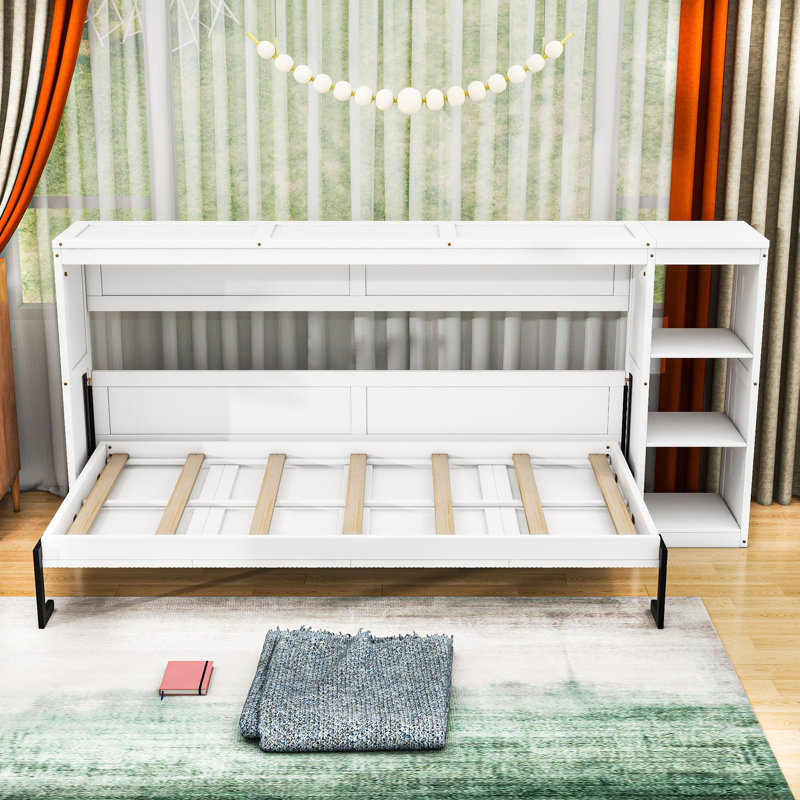 Wood Murphy Bed with 3 Shelves, Twin, White