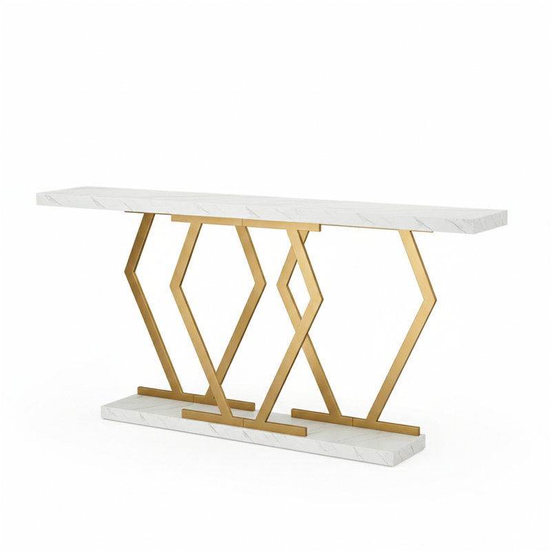 70,9 "Console, canapé moderne avec plateau en faux marbre, Blanc