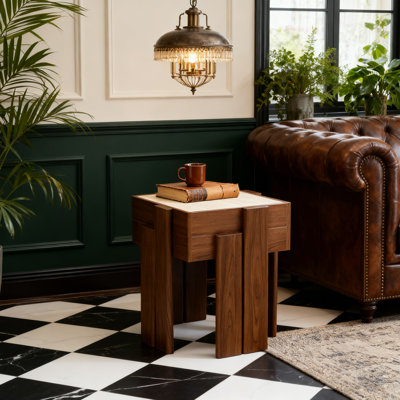 Mid-Century Modern End Table with Faux Travertine Top, Nesting Side Tables