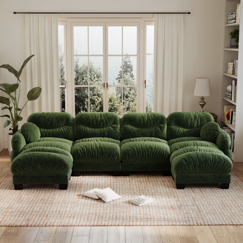 Canapé modulaire en U en chenille 4 places avec deux repose-pieds plissés pour le salon, Vert