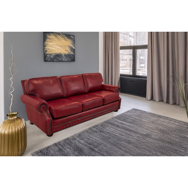 Speroni 100" Genuine Leather Rolled Arm Sofa, Brompton Deep Red Genuine Leather
