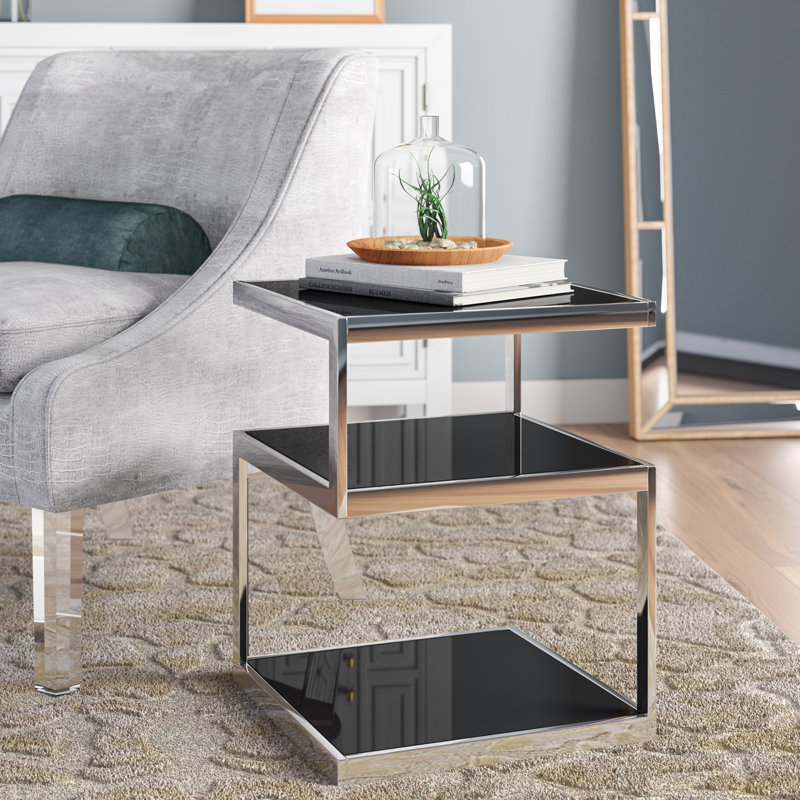Table de bout carrée en verre avec rangement Miraloma, Verre / chrome noir, H 21 po x l 16 po x P 16 po