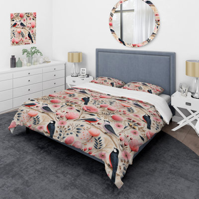 Scandinavian Avian Elegance Serenity Blossoms I - Floral Duvet Cover Set
