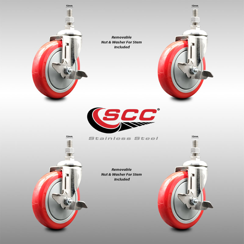 5 Inch 316SS Red Polyurethane Swivel 12mm Threaded Stem Caster Set Brake