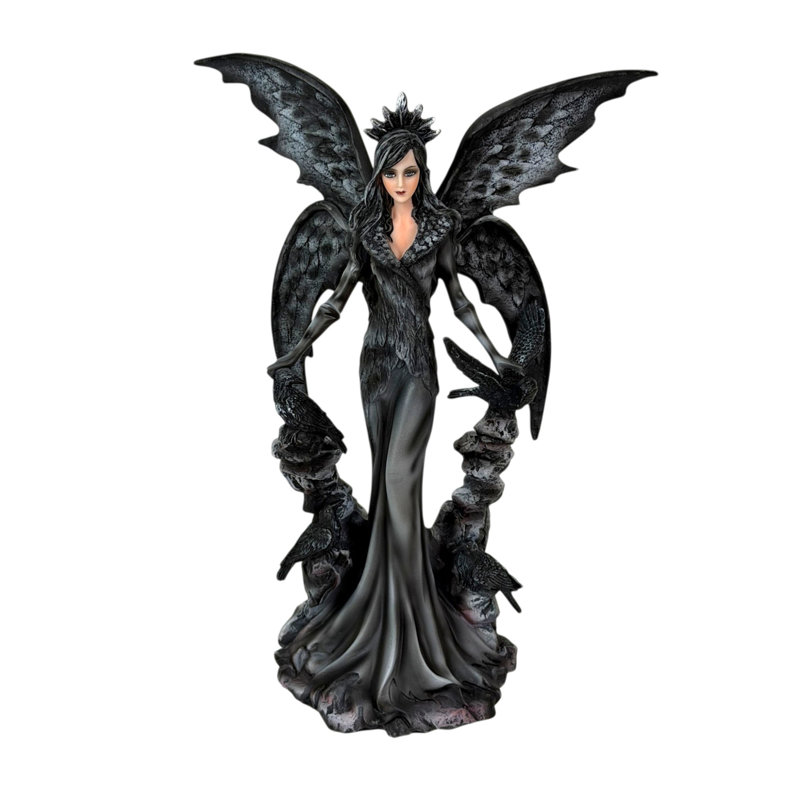 Tablette et manteau de cheminée avec une statue de fée corbeau gothique en résine noire mate, 9 pouces de haut