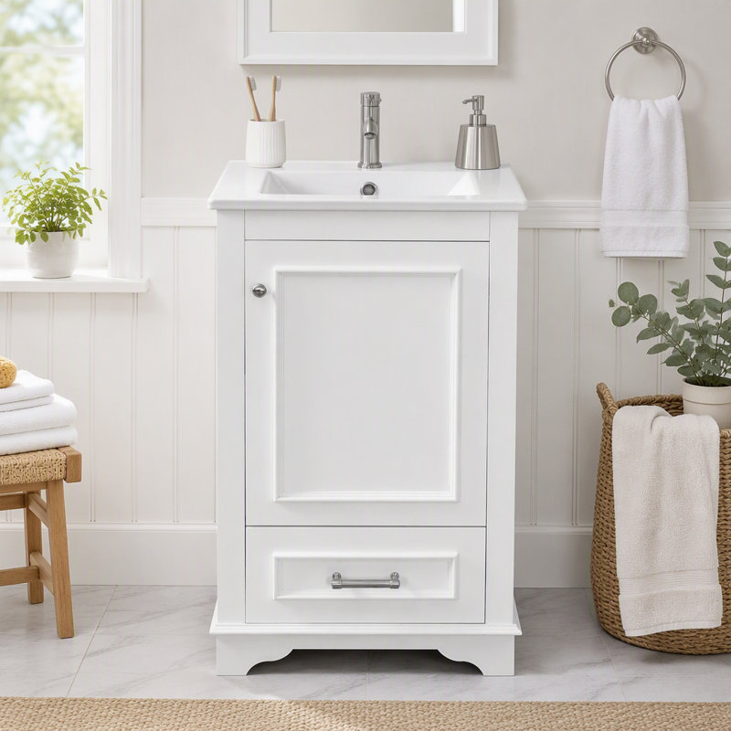 Meuble-lavabo de salle de bain avec porte à fermeture en douceur, tiroir et tablette réglable, Blanc