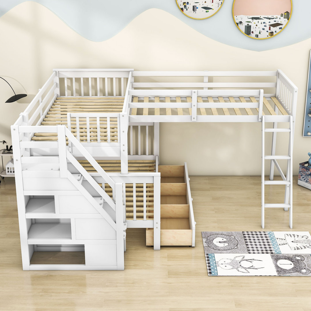 Hoople Twin over Full L-Shaped Wood Bunk Bed With 3 Drawers, Ladder and Stair Harriet Bee Bed Frame 