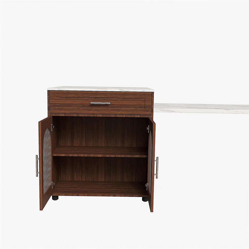 Îlot de cuisine de 80 pouces avec table de salle à manger, comptoir en grain de marbre avec prise de courant, chariot de rangement mobile avec armoire et 2 tiroirs, table de préparation de cuisine à finition noyer