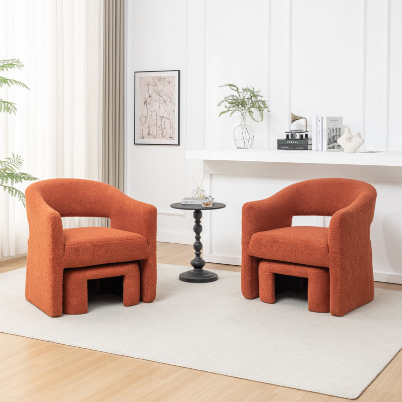 Torrence Upholstered Barrel Chair With Ottoman, Orange Faux Fur