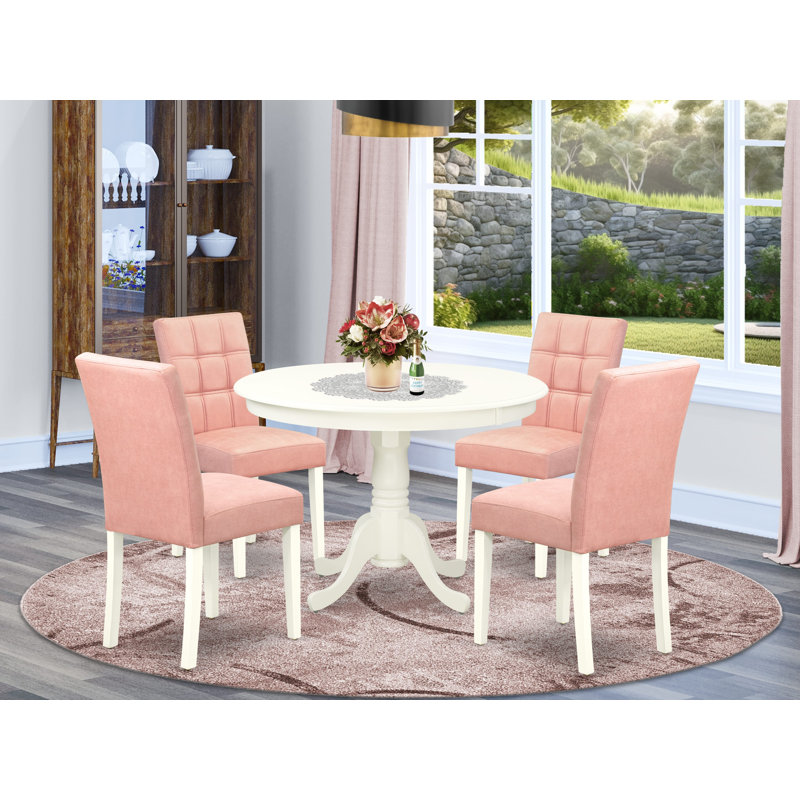 5 Piece Kitchen Table Set consists A Dinner Table and 4 Beige Red Polyester Fabric Mid-Century Dining Chairs with Stylish Back- Linen White Finish