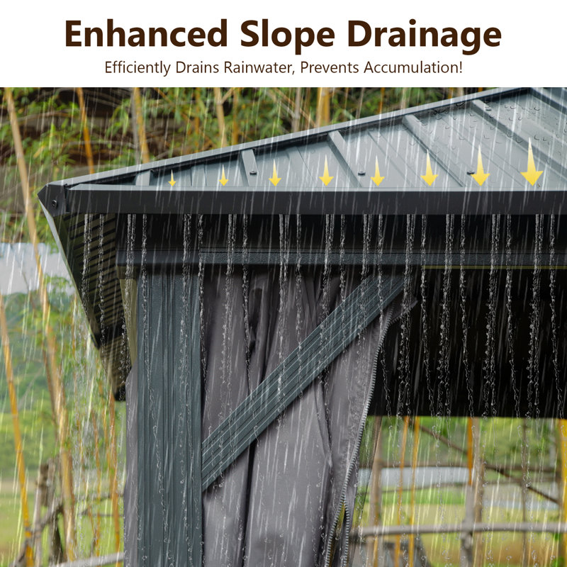 Galvanized Steel Patio Gazebo with Overhang Slope-design Double Roof, 14 ft x 12 ft, Gray
