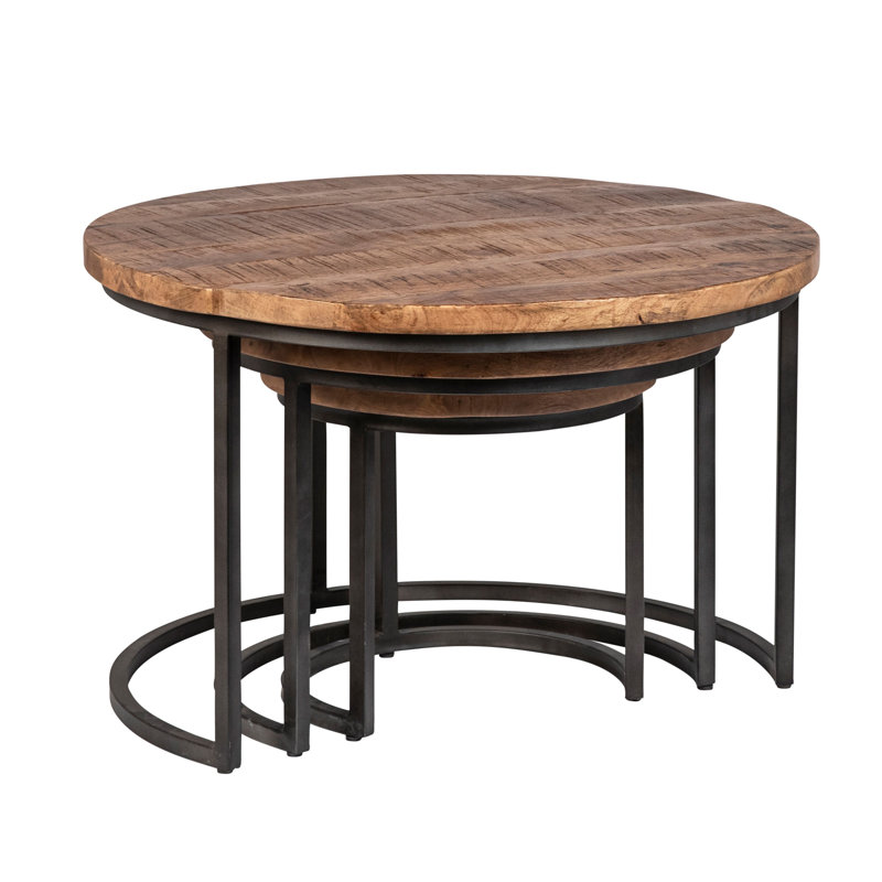 Shelby Mango Wood Nesting Tables w/ Iron Base (Set of 3), Medium Brown