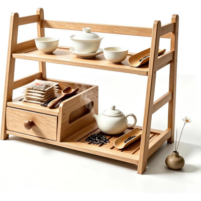 Tea Matcha Coffee Bamboo Station with Drawer | countertop tidying, two-tier design, easy to clean, requires no complicated assembly