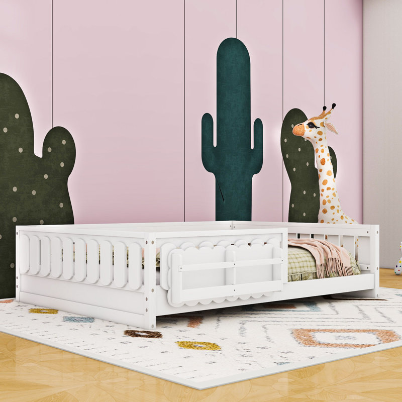 Lit plateforme avec garde-corps et tablettes de rangement intégrées, Lit double, Blanc