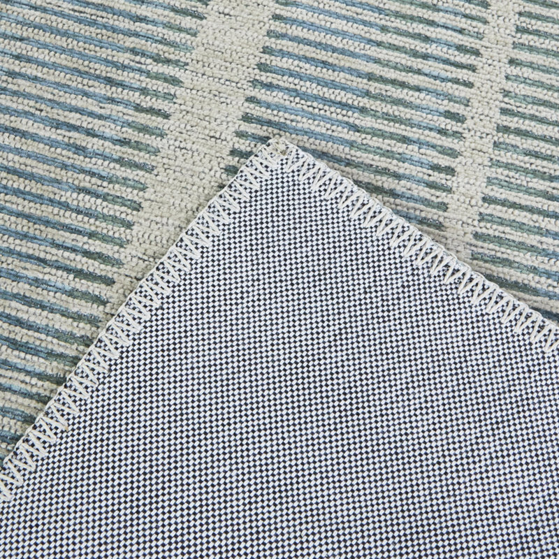 Tapis bleu rectangulaire à rayures recyclées tissé à la machine Hildegret, Rectangle 7 pi 10 po x 10 pi