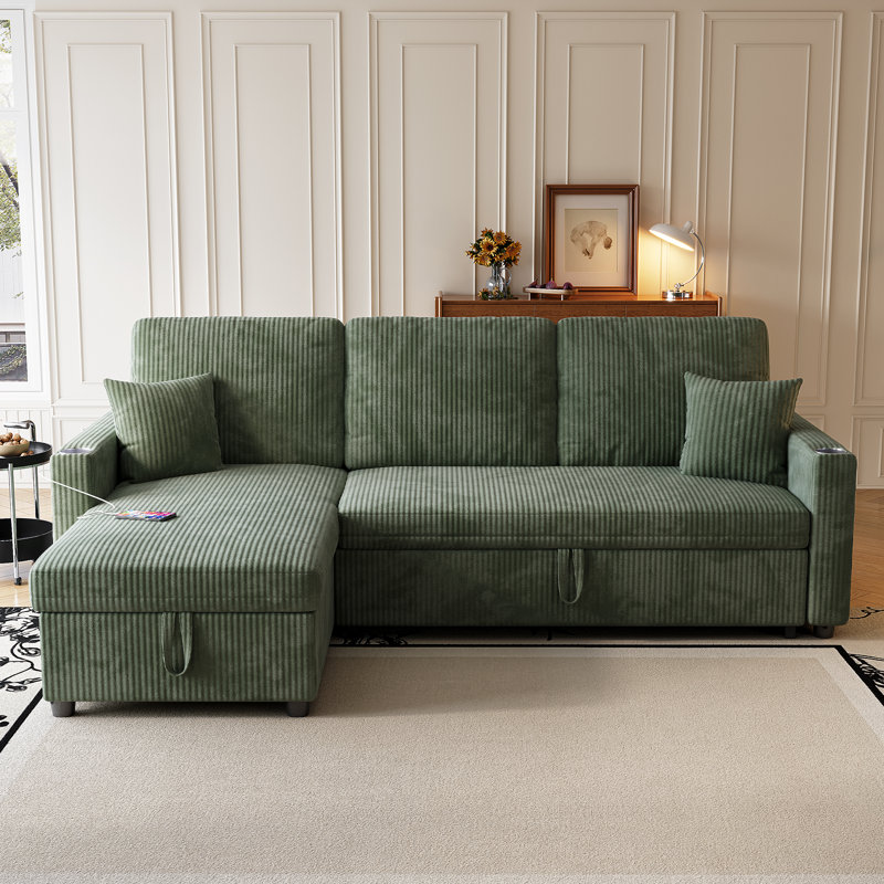 83.5" Wide Corduroy Reversible Sleeper Sectional with Storage Chaise & USB Ports, Green