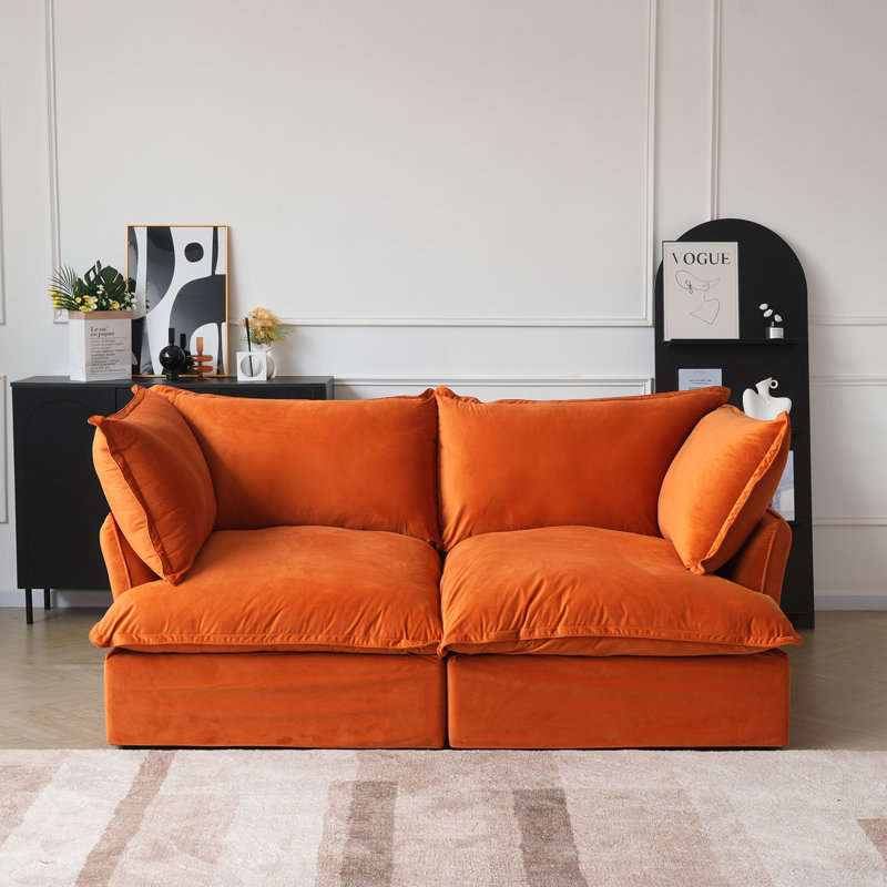 Fairford 2-Piece Upholstered Modern Fabric Loveseat Sofa, Orange Velvet