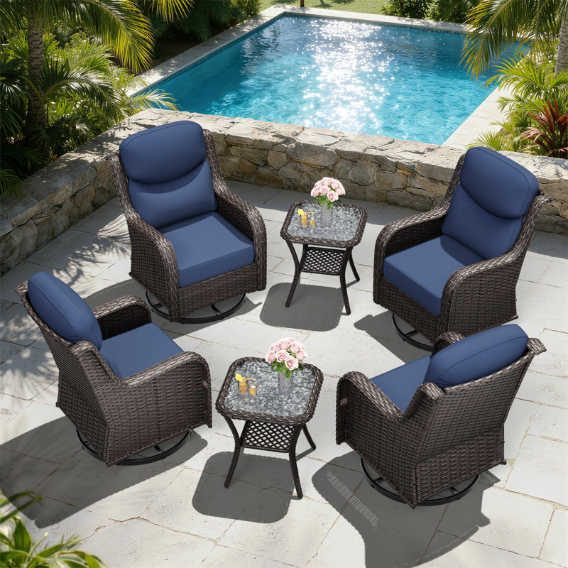 Adcox 4-Person Outdoor Rattan Patio Seating Group With 2 Side Table, 4 Swivel Chairs and Blue Cushions, Blue