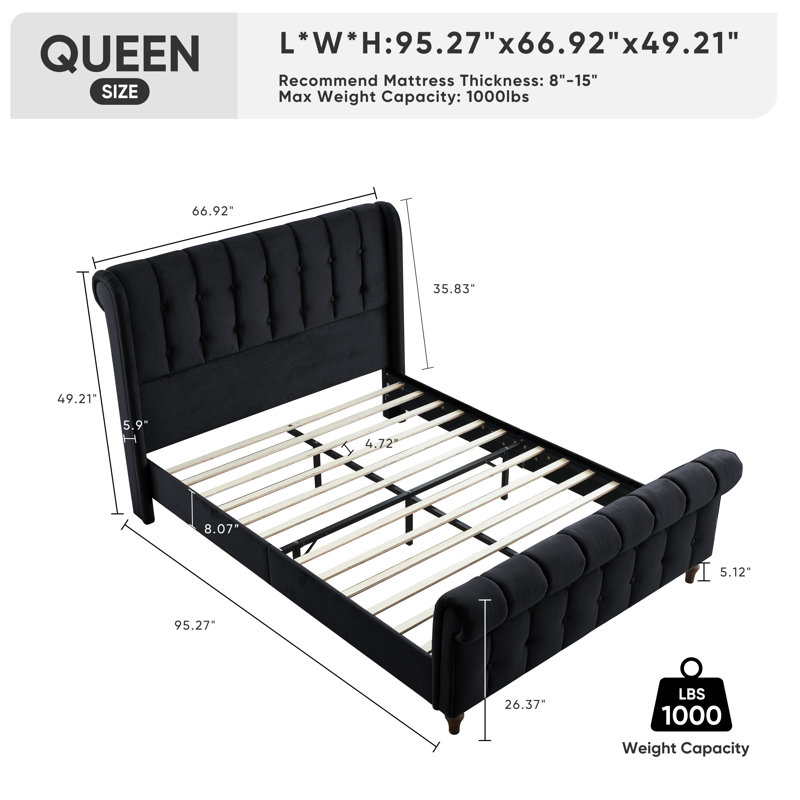 Upholstered Platform Sleigh Bed with Button Tufted Headboard & Footboard， Velvet Wingback Headboard, Metal Frame & Wooden Slat Support, No Box Spring Needed, Easy Assembly, Noiseless