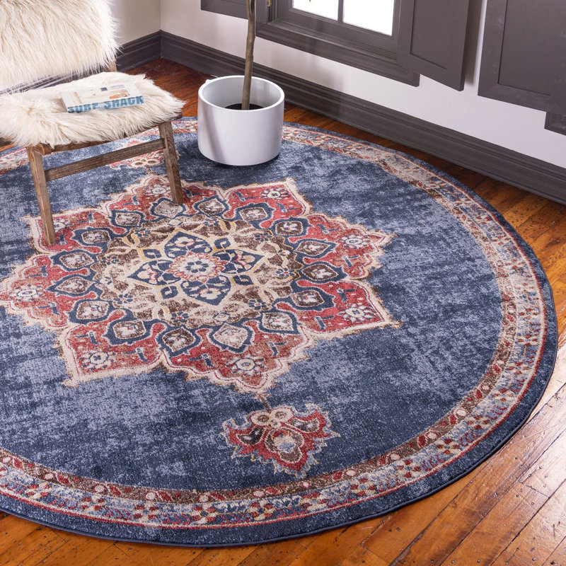 Tapis bleu marine d'inspiration persane Lieveke, Rond 4 pi 1 po
