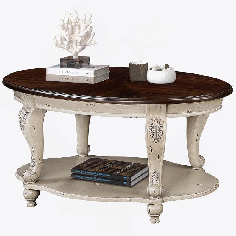 Mairie 42-inch Oval Wood Coffee Table, Dark Brown, Antique White
