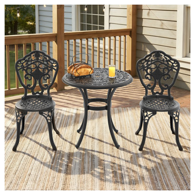 3-Piece Cast Aluminum Outdoor Bistro Set, All-Weather Patio Dining Furniture with Carved Detail, Black
