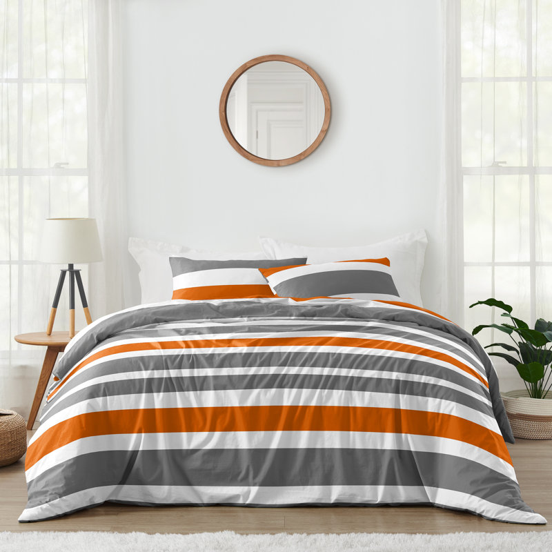 Stripe Comforter Set, Gray/Orange, Full/Queen Comforter + 2 Standard Shams