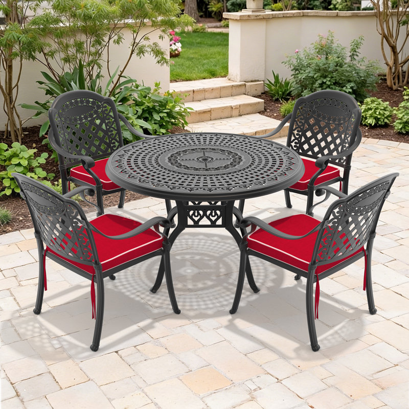Ensemble de 5 meubles de patio en fonte d'aluminium avec coussins rouges