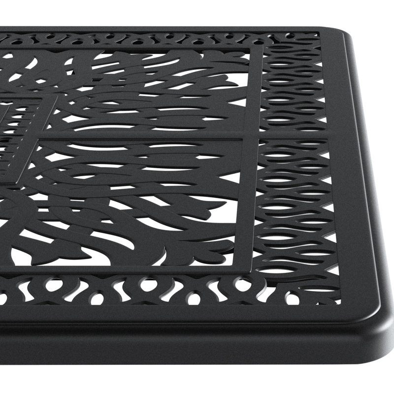 Ensemble de 7 meubles de jardin en aluminium moulé, structure noire, coussins bleus, fabrication traditionnelle, lignes raffinées, grande résistance, design d'espace