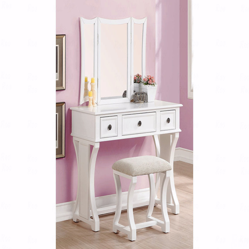 Unique Modern Style Bedroom Makeup Vanity  W Stool Foldable Mirror Drawers White Color Mdf Veneer 1Pc Vanity Furniture, White