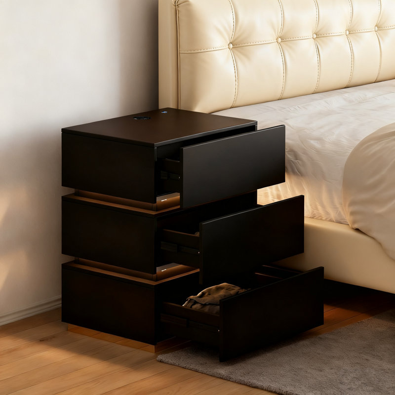 Table de chevet 3 tiroirs avec lumières DEL et station de charge, table de bout moderne avec USB Type-C et chargeur sans fil, table de chevet en bois pour la chambre à coucher