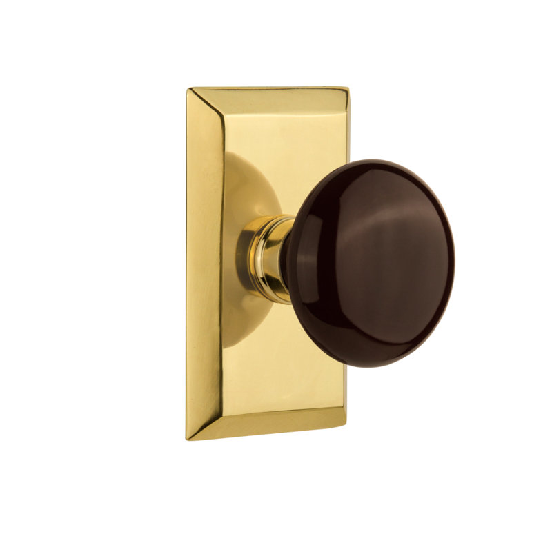 Studio Plate with Brown Porcelain Door Knob, 2-3/8”, Polished Brass