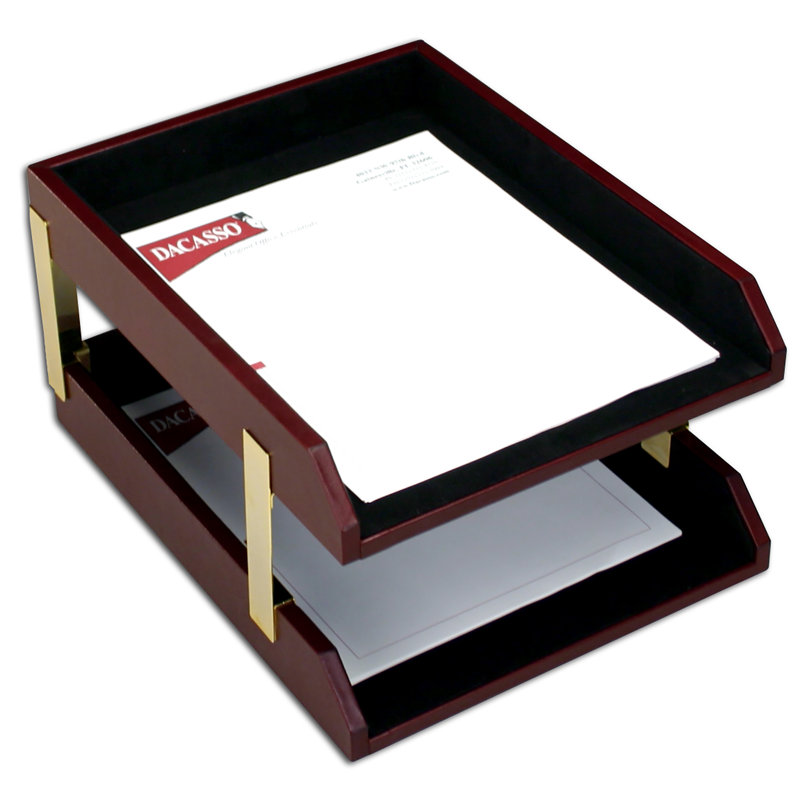 Plateau à double lettre en cuir, H 7,25 po x l 10,62 po x P 13,75 po, Bourgogne