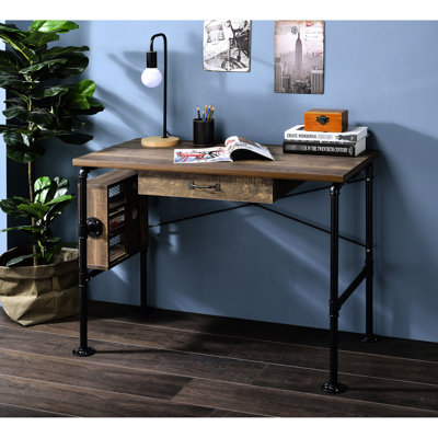 Rectangular Desk In Weathered Oak Style And Black, 1 Drawer 3 Tier Shelving Option Writing & With Storage Left Facing Shelf