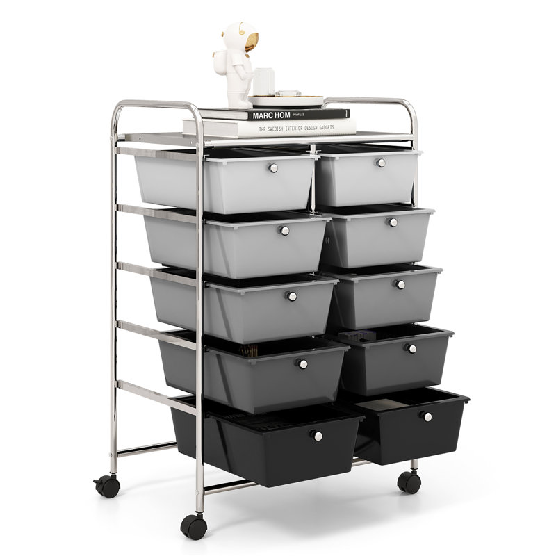 Milin 10 Drawer Storage Drawer with Locking Wheels, Black/Gray