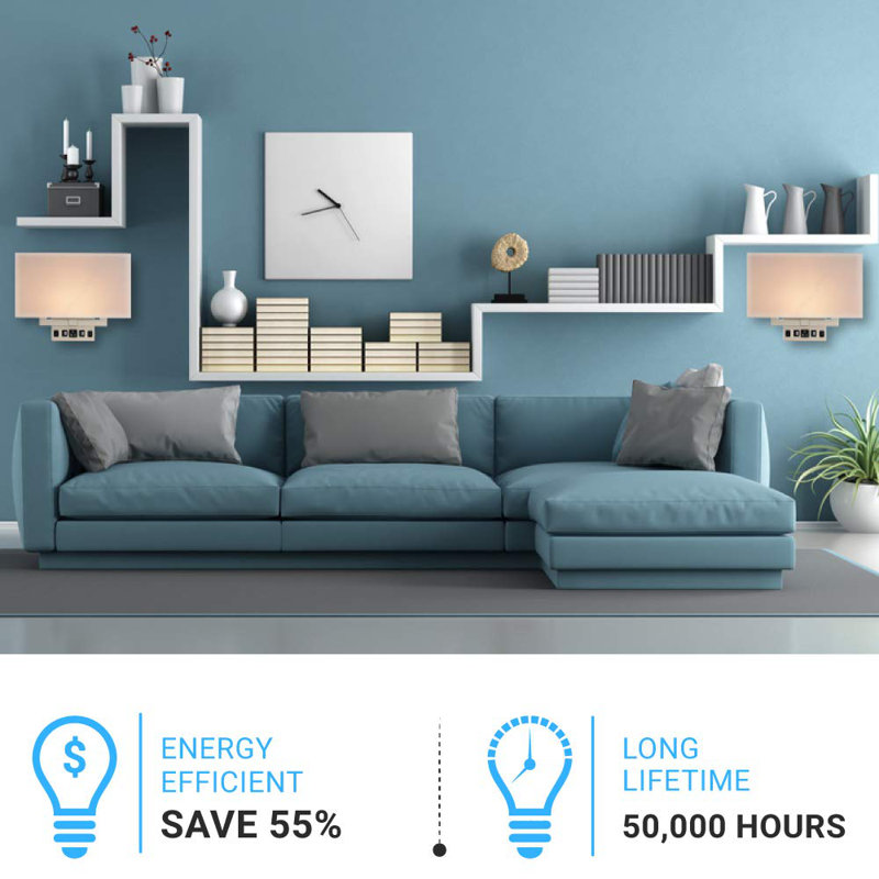 Modern White Fabric Shade Wall Sconce with USB Ports