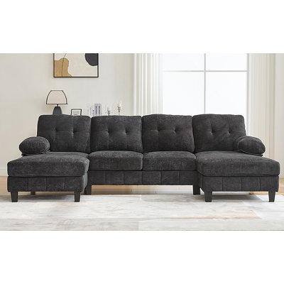 Canapé modulaire en U en chenille de 103,5 po avec double méridienne, poches de rangement et coussins d'accoudoirs pour le salon, noir